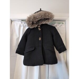 Zara Baby Girl Black Wool Coat Faux Fur Hood 2-3T